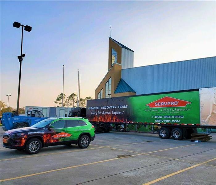 SERVPRO jeep and semi outside of church
