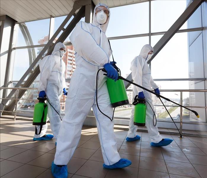 Employees in white Tyvek suits.
